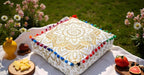 CRAFT KALA 16" Square Large Hippie Mandala Meditation Floor Ottoman Pillow Cushion Pouf Cover Square Poufs Bohemian Circle Floor Cushion Case Outdoor Fireplace Living Decor Cover White Gold Flower