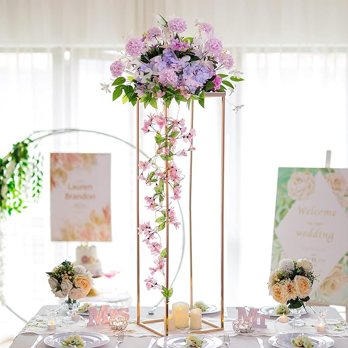 Gold Stand Wedding Centerpieces for Tables - 39.4in Tall Vases for Centerpieces, 2 Pcs Metal Column Flower Stand, Rectangular Flower Display Rack, Wedding Decorations for Tables, Party, Events, Home