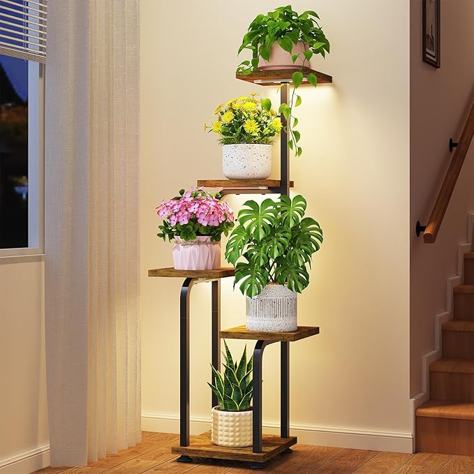 LASZOLA Black 5 Tiered Tall Wood and Metal Plant Stand Indoor with with Grow Lights, Large Heavy Duty Multi Level Vertical Planter Rack for Corner, Sturdy Rustic Tall Flower Shelving Holder for House