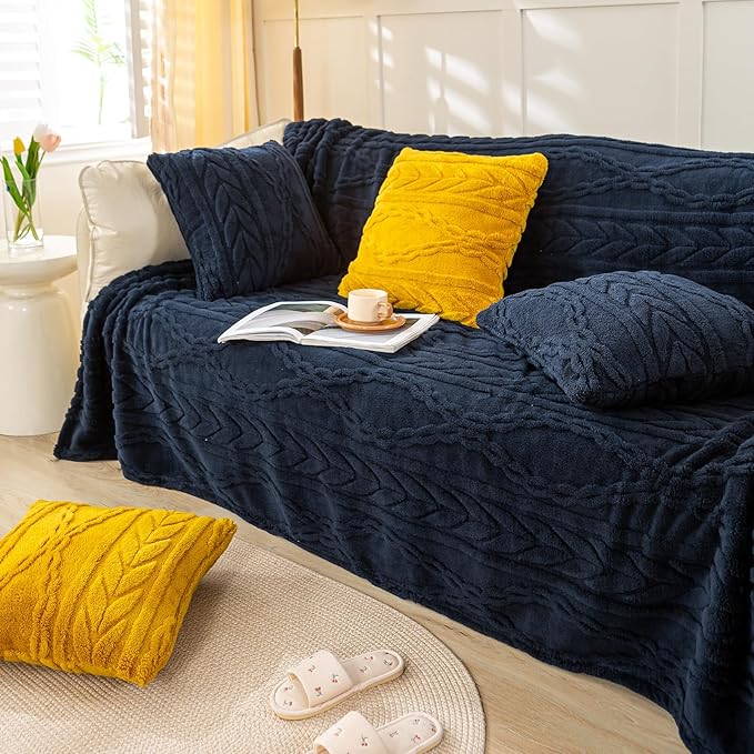 YUSOKI Sherpa Large Throw Blanket Single Layer,Light Weight(1.7lb),370GMS-3D Stylish Design for Gift Home Decor (Navy,50"x65")