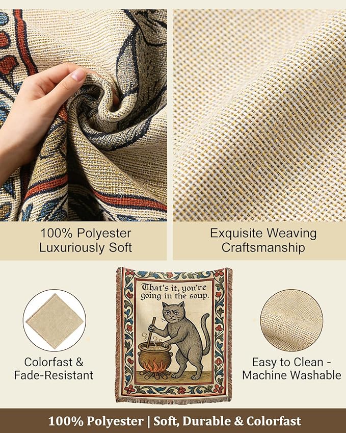 mevious Weird Medieval Cat Woven Tapestry, Vintage Cat Themed Woven Sofa Blanket, Wall Hanging Art Handicrafts, Soft and Cozy Multipurpose Blanket, With Fringe Tassels, Home Decor for Cats Lovers
