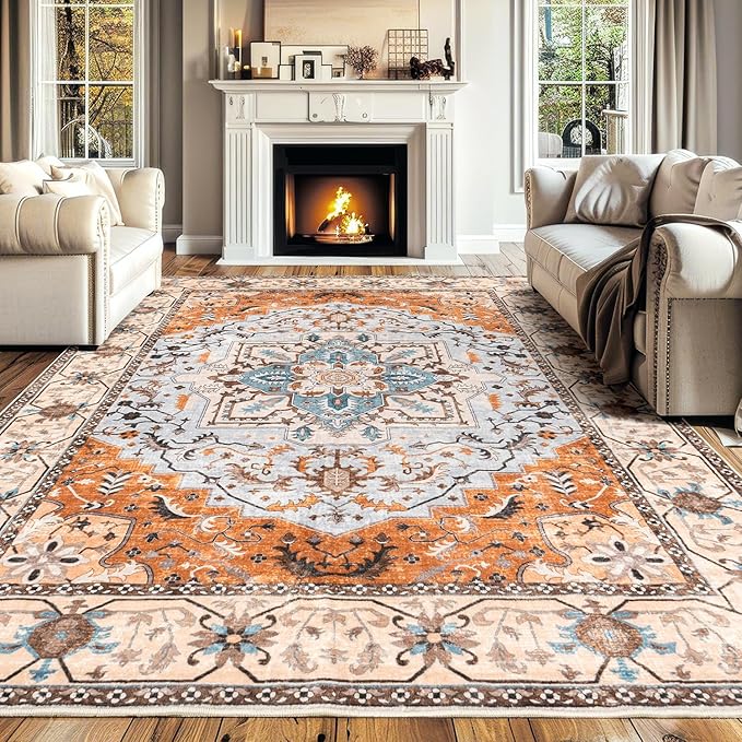 Lessymo 8 x 10 Area Rugs for Living Room, Machine Washable Area Rugs Boho Faux Wool Low Pile Area Rug for Bedroom Floral Medallion Vintage Rugs with Non-Slip Rubber, Kid & Pet Friendly, Orange Beige