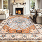 Lessymo 8 x 10 Area Rugs for Living Room, Machine Washable Area Rugs Boho Faux Wool Low Pile Area Rug for Bedroom Floral Medallion Vintage Rugs with Non-Slip Rubber, Kid & Pet Friendly, Orange Beige