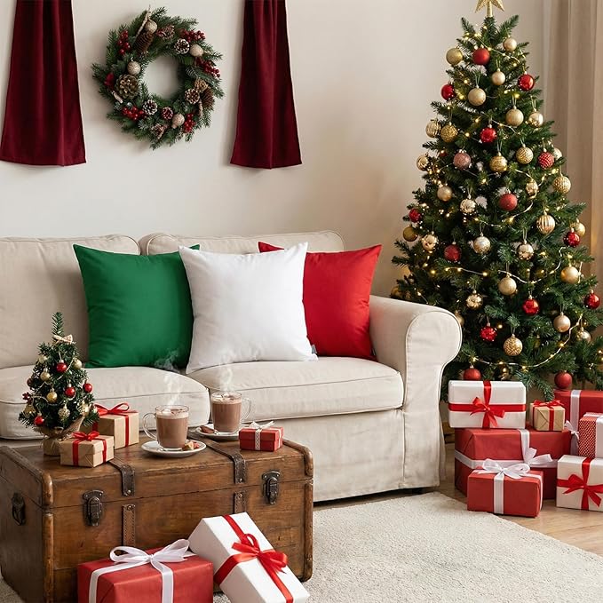 Thmyo 4-Pack 100% Cotton Comfortable Solid Decorative Throw Pillow Case Square Cushion Cover Sublimation Blank Pillow Covers DIY Throw Pillowcase for Sofa Couch(16x16 inch/ 40x40cm, Christmas Green)