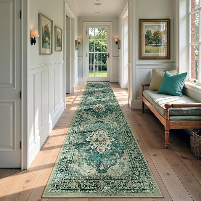 Area Rugs 3'x12' Runner Rug Non Slip Washable for Kitchen Hallway Bedroom Beside Laundry Room Bathroom Rug, Floor Carpet, Dark Blue Vintage