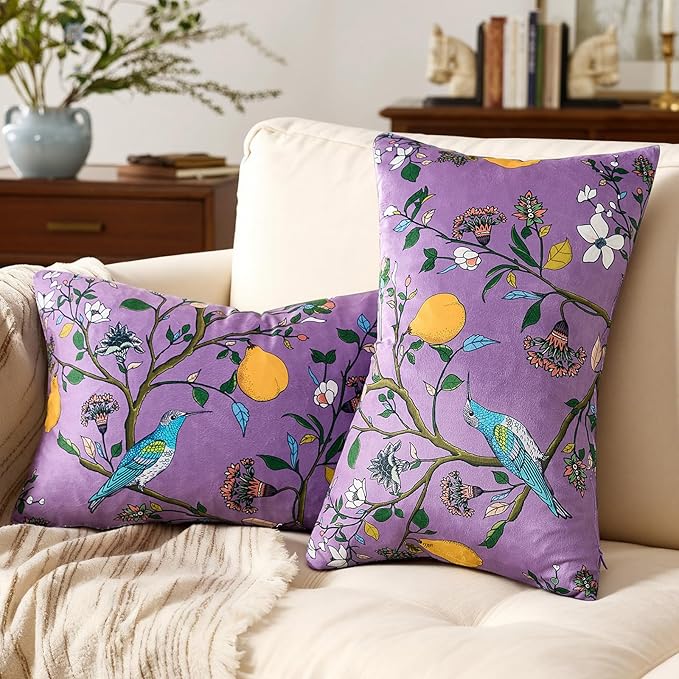 MUSSEL Light Purple Floral Pillow Covers 12x20 Set of 2, Velvet Wild Flower Plant Throw Pillows Case, Square Farmhouse Decor Cushion Covers for Home Sofa Bed Couch