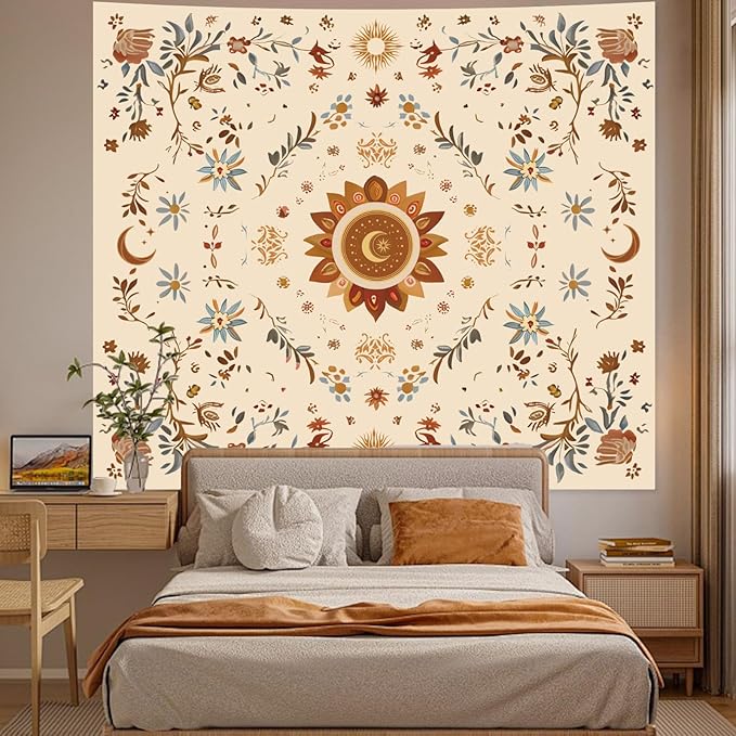 Apdidl Boho Sun Floral Tapestry Wall Hanging Bedroom Aesthetic, Bohemian Vintage Moon Girl Room Decor Tapestries, Cute India Hippie Outdoor Wall Covering for Living Room Dorm (51"X60")