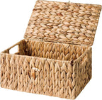 StorageWorks Water Hyacinth Baskets for Organizing, Wicker Storage Basket with Lid and Built-in Handles for Living Room (Medium, 1 Pack)