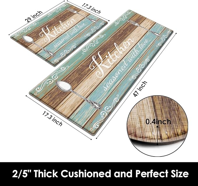 Arttown Teal Farmhouse Anti-Fatigue Kitchen Rug Set of 2 Brown Knife Fork Rustic Vintage Cushioned Floor Standing Mat Waterproof Non-Slip Kitchen Mat and PVC Ergonomic Comfort Foam Rug