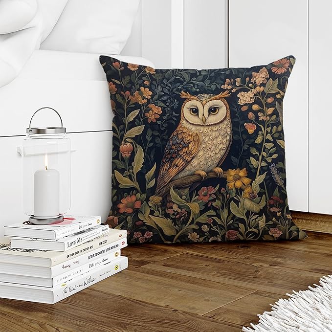 YOU FOUND ME William Morris Abstract Vintage Floral Velvet Owl Design Throw Pillow Covers Home Decor, Retro Art Decor Pillowcase Cushion Cover for Bed Sofa Living Room, Square 18x18inch (Brown-Owl)
