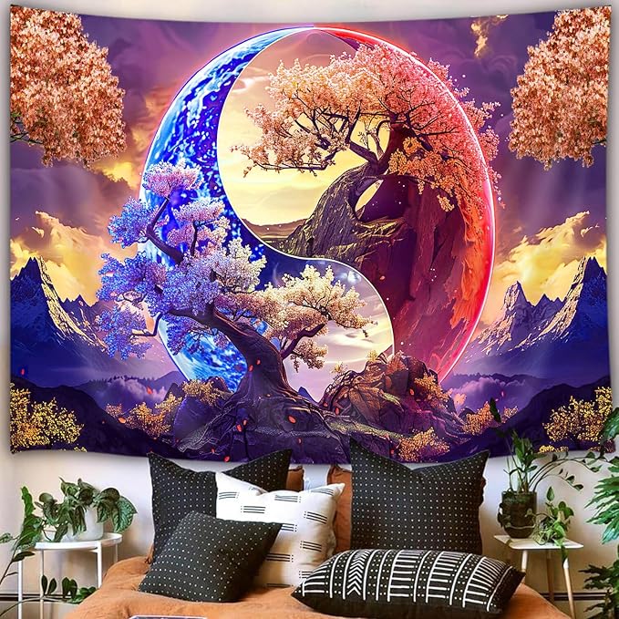JAWO Tree Life Tapestry Aesthetic, Flowers Sun and Moon Art Tapestry Wall Hanging for Girls Bedroom, Cool Nature Galaxy Yin Yang Anime Tapestries Poster of Dorm Home Decor 60X40 Inches, Brown