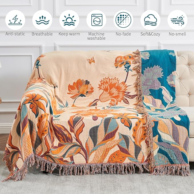 Boho Throw Blanket for Bed-100% Cotton Soft Breathable Farmhouse Decor Boho Quilt for Sofa (Flowers Tulips, 90"x98")