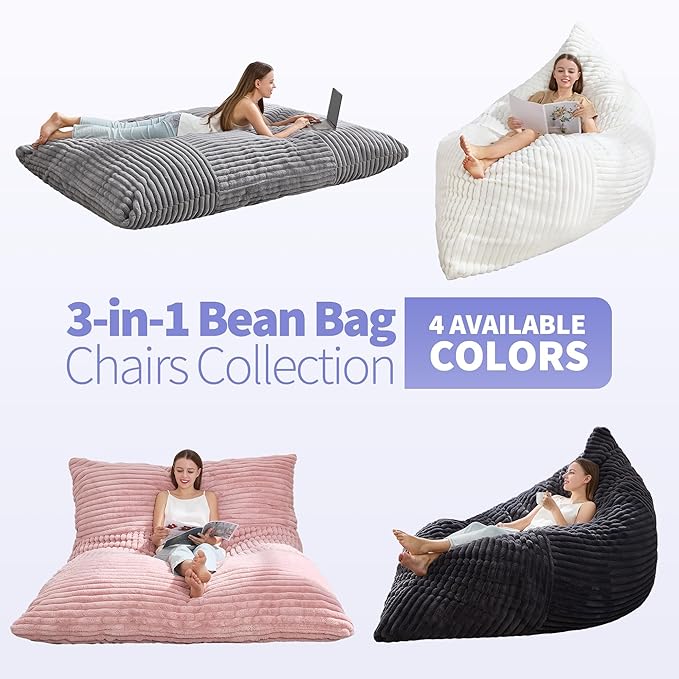 Hobestluk 3 in 1 Bean Bag Chair Giant Bean Bag Chairs Convertible Bean Bag Floor Cushion with Machine Washable Cover, Beanbag Chairs for Adult (Grey)
