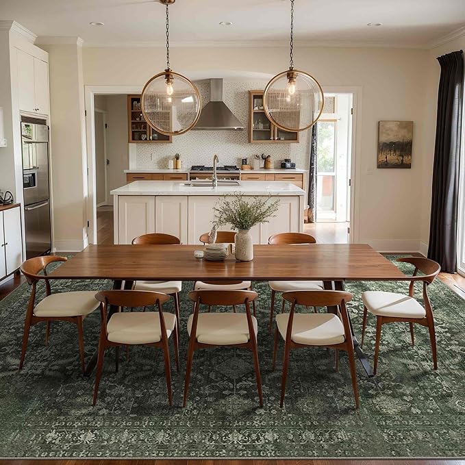 9x12 Area Rugs for Living Room Bedroom, Large Washable Rug, Green Vintage Floral Boho Rug, Non Slip & Low Pile Faux Wool Thin Carpet for Indoor Dining Room and Kids Room(Green 9x12ft)