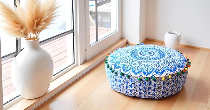 INDIAN CRAFT CASTLE ICC Mandala Barmeri Large Floor Pillow Cover Cushion Meditation Seating Ottoman Throw Cover Hippie Decorative Zipped Bohemian Pouf Ottoman Cases Blue Ombre 24" Round