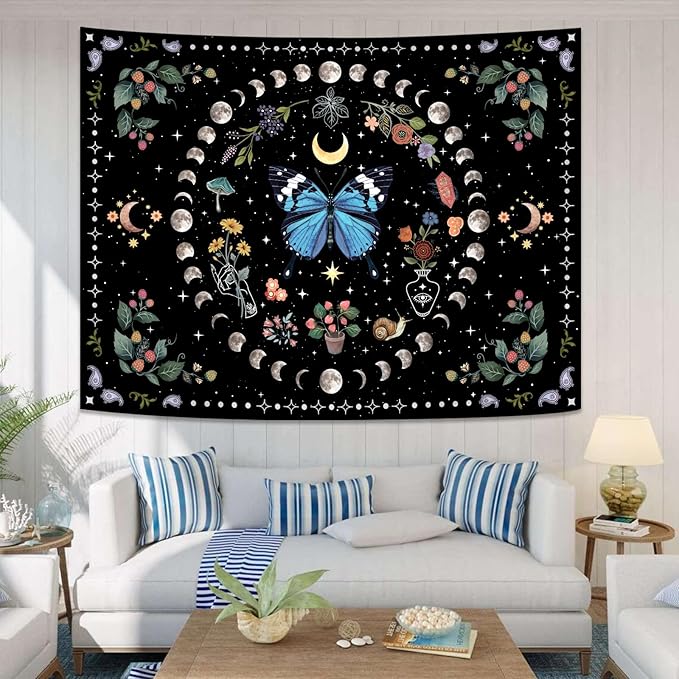 Aipon Blue Butterfly Moon Flower Tapestry Botanical Boho Plant Floral Tapestry for Bedroom Aesthetic Hippie Vintage Tapestries Wall Hanging for Living Room Dorm (44.00" x 60.00", Blue)