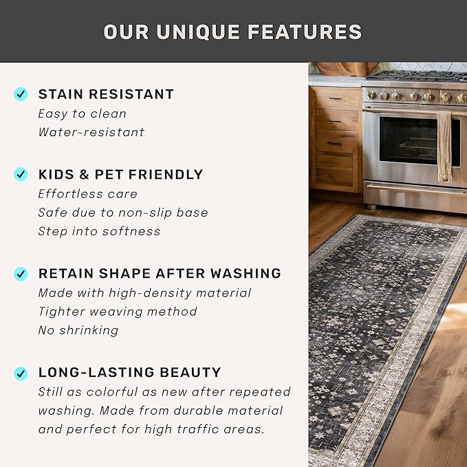 Boho Dining Room Rugs for Under Table - Washable Black Area Rug for Living Room, Low Pile Non-Slip Rugs for Bedroom, Office - Charming Geometric Decor & Stain Resistance - 6x8 Black/Multi