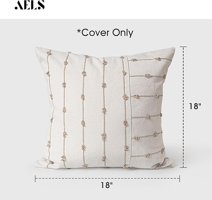 AELS 18x18 Decorative Boho Linen Throw Pillow Covers, Modern Farmhouse Textured Pillow Case, Set of 2, Tufted Stitch Stripe Cushion Cover for Bed Sofa Couch Living Room (Cover ONLY), Khaki