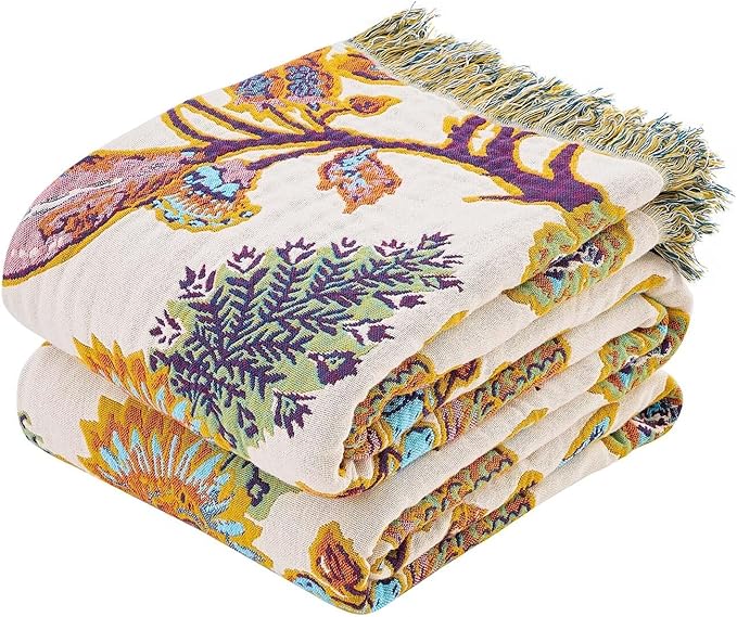 Boho Throw Blanket for Bed, 100% Cotton Soft Rustic Quilt Fall Blanket, 60"x80" Floral Printed Farmhouse Decor Bed Blankets, All Season Rustic Reversible Bohemian Throw Quilt