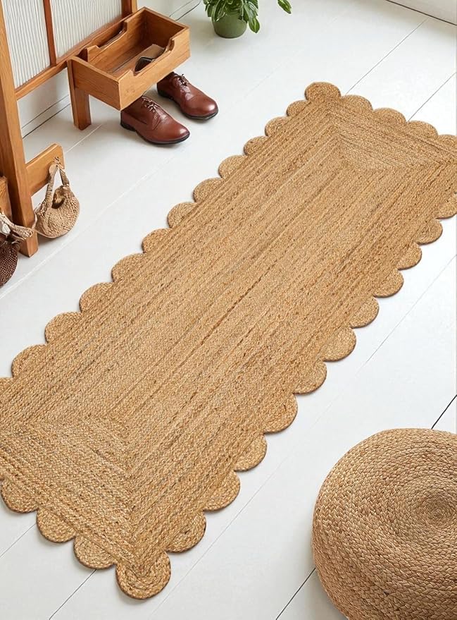 MDS 1 PC Handwoven Braided Jute Area Rug 2ft x 10ft Rectangle Scalloped Edge, 100% Natural Jute Rustic Farmhouse Reversible Accent Rug for Bedroom Living Room Hallway Entryway Kitchen (2' x 10')