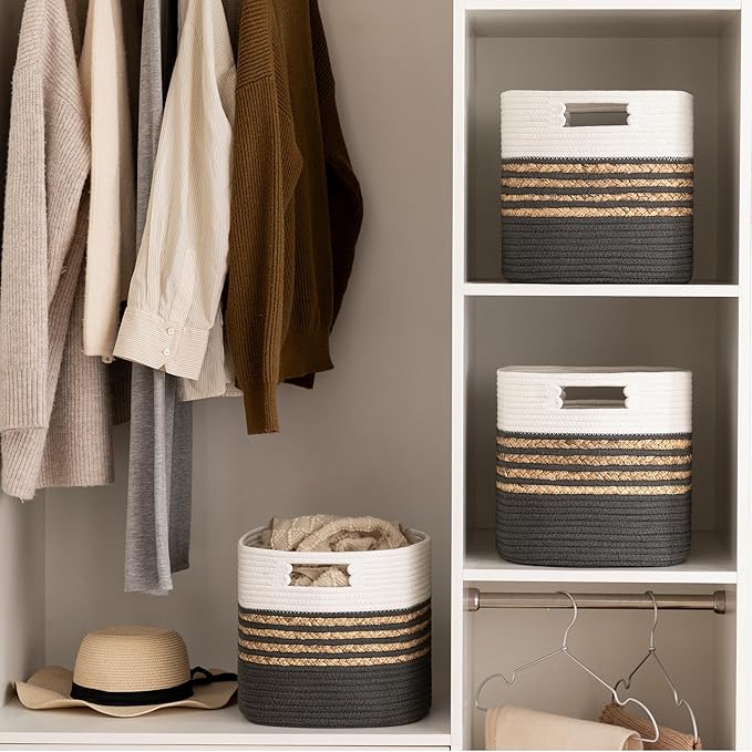 UBBCARE Set of 3 Storage Cubes 11 X 10.5 X 10.5 in, Water Hyacinth Storage Bins for Shelves, Toys, Book, Storage Baskets with Handles, Cotton Rope Woven Baskets for Organizing, Dark Grey