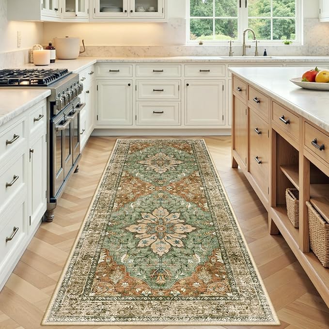 Area Rugs 3'x6' Runner Rug Non Slip Washable for Kitchen Hallway Bedroom Beside Laundry Room Bathroom Rug, Floor Carpet, Brick Red Rust Neutral Brown Burnt Orange Green