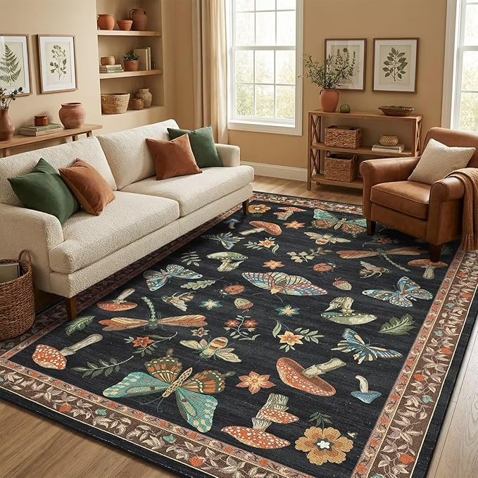 Mushroom 6x9 Area Rugs for Living Room Low-Pile Whimsical Cottage Core Insect Bug Butterfly Funky Dark Gothic Decor for Bedroom Nursery Dining Room Black Brown