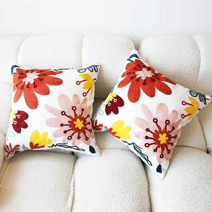 Embroidered Throw Pillow Cover Boho Floral Pillow Covers for Couch Sofa 3D Big Flowers Bohemian Pillow Covers Red Blush Yellow Botanical Leaves 2PCS Pillowcase Covers 18x18 Inch
