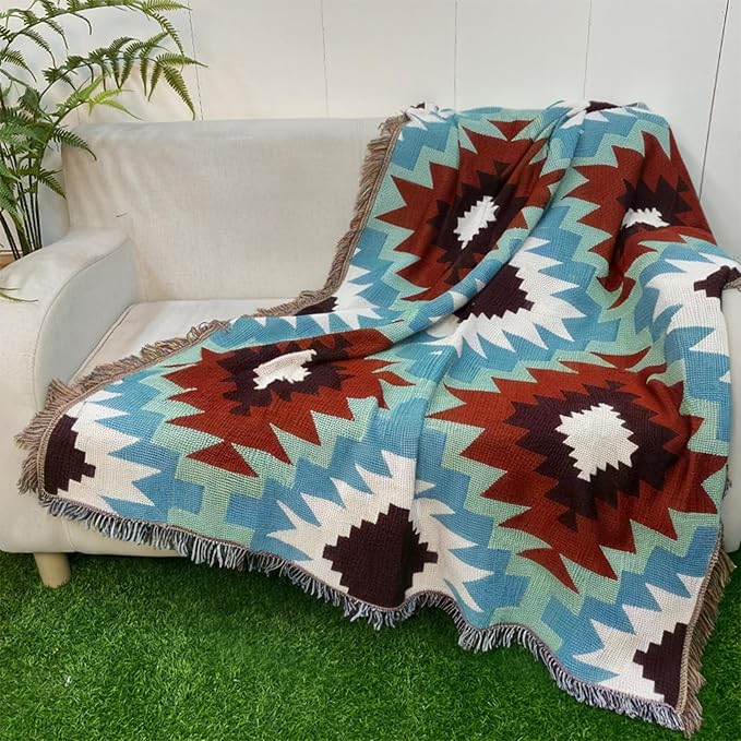 Snycler Boho Throw Blanket for Bed 50 * 60inch Woven Blanket Cotton Polyester Farmhouse Decor for Indoor Outdoor Sofa Bedroom Garden，All Season(Green)