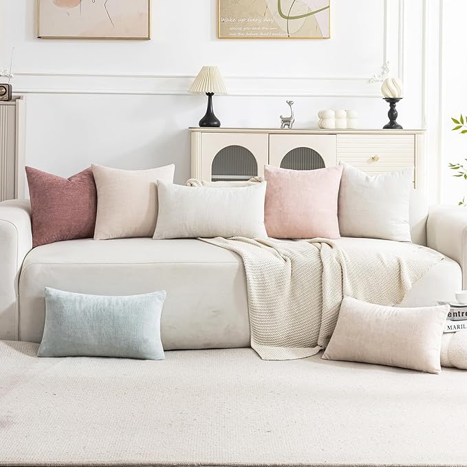 Set of 4 Soft Textured Decorative Throw Pillow Covers 22x22 Inch Cozy Farmhouse Cushion Cover Square Accent Pillow Cases for Bed Couch Sofa Living Room, White Beige Pink