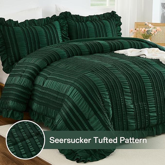 WONGS BEDDING King Size Comforter,Christmas Emerald Green Boho Comforter Set King,Shabby Chic Bedding Set for Bed, 3 Pieces Soft Lightweight Farmhouse Comforter for All Season 104"×90"