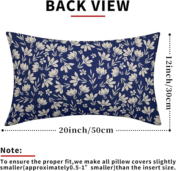 Navy Blue Pillow Covers 12x20 Set of 2 Vintage Floral Rustic Old Style Cute Flower Print Rectangle Decorative Outdoor Pillowcases Seasonal Farmhouse Throw Cushion Case Couch Sofa Bed Decor