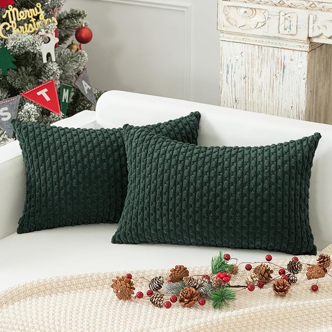 Kevin Textile 14x24 Inch Pillow Cover 1 Pack Boho Christmas Decorative Soft Striped Corduroy Lumbar Farmhouse Color Accent Rectangle Cushion Case for Living Room Couch Sofa Bed, Army Green