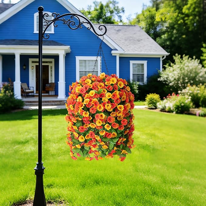 Artificial Flowers with Hanging Basket, Outdoor Faux Plants Silk Morning Glory Vines, Fake Green Arrangement for Garden Patio Spring Summer Decor(Orange)