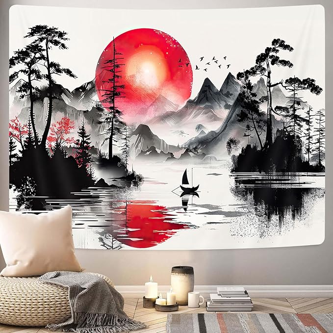 Japanese Red and Black Forest Tapestry, Anime Mountain Tree Sun Aesthetic Tapestry Wall Hanging for Men, Cool Asian Dark Nature Landscape Tapestries Ink Art Decor for Living Room College Dorm, 40X30IN