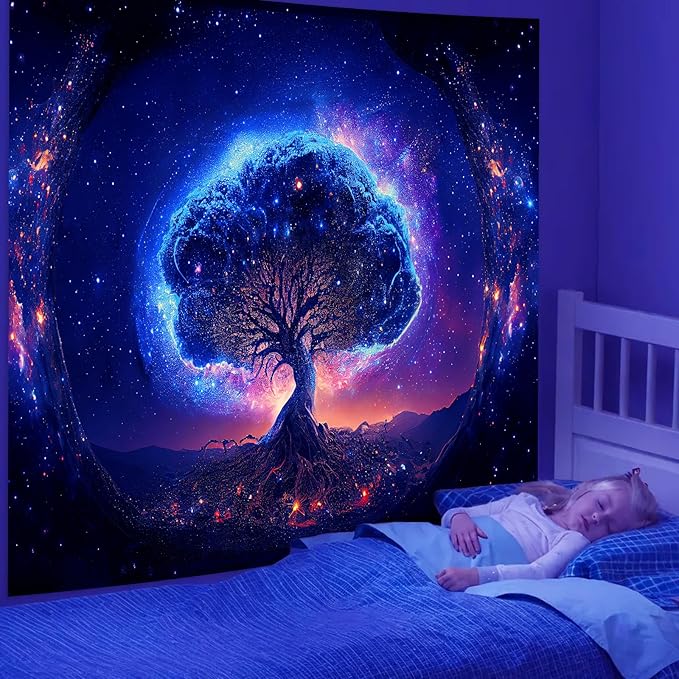 Avinyl Blacklight Tree and Space Tapestry for Bedroom, Aesthetic Cool Black Light Tree of Life Tapestries for Girl, Fantasy Stars Galaxy Wall Hanging for Living Room Teen Dorm Christmas Festival Decor (60" x 79")