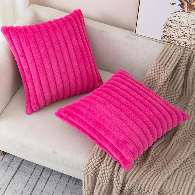 ZLINA Set of 2 Hot Pink Faux Fur Decorative Throw Pillow Covers Fluffy Striped Pillowcase Cushion Covers 26 x 26 Inch Decor Sofa Couch Bedroom