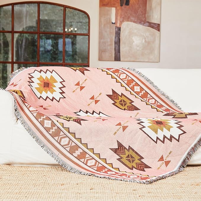 Snycler Boho Throw Blanket for Bed 50 * 60inch Woven Blanket Cotton Polyester Farmhouse Decor for Indoor Outdoor Sofa Bedroom Garden，All Season(Pink)