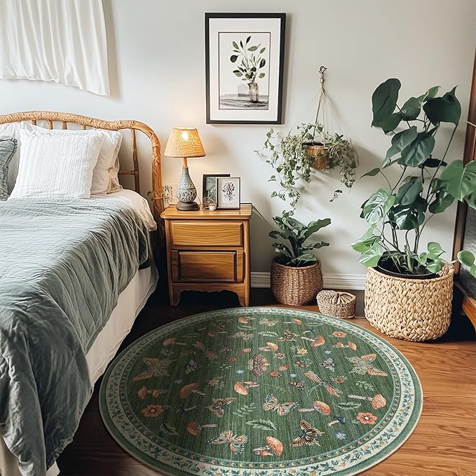 Mushroom Insect 5ft Round Rug Washable Non-Slip Soft Ultra-Thin Small Boho Circle Carpet for Entryway Kitchen Bedroom Nursery Dining Room Green