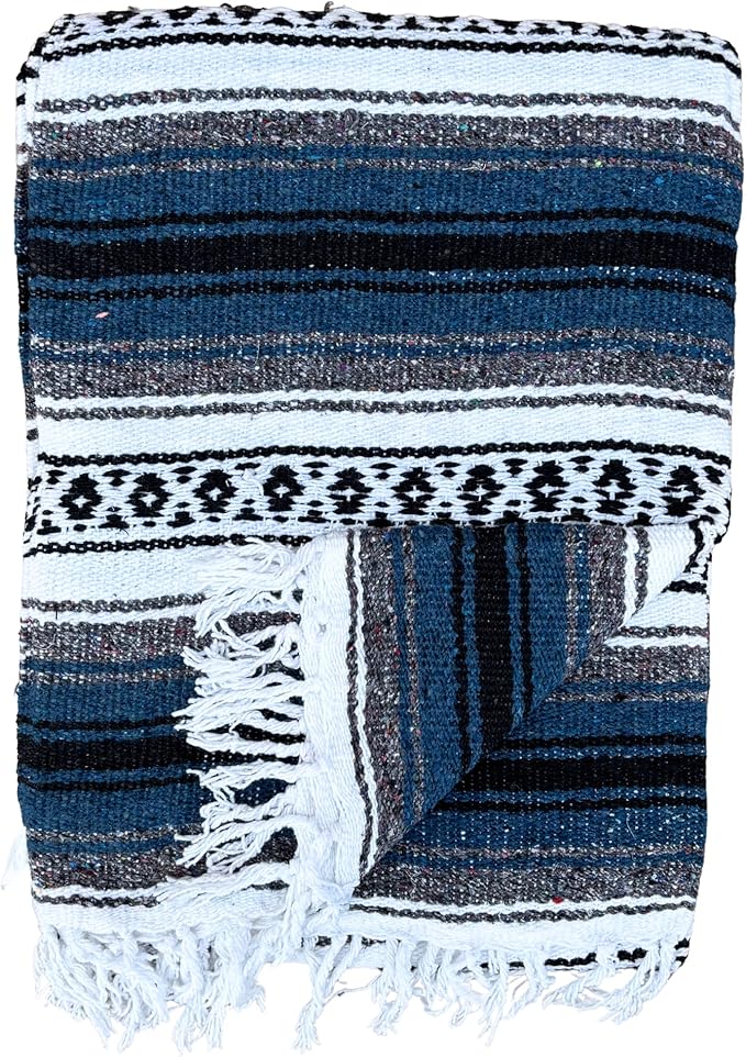 Del Mex Classic Mexican Blanket, Large Authentic Woven Falsa Throw (70"x50"), Artisan Southwest Décor for Beach, Yoga, Outdoors (Navy Blue)