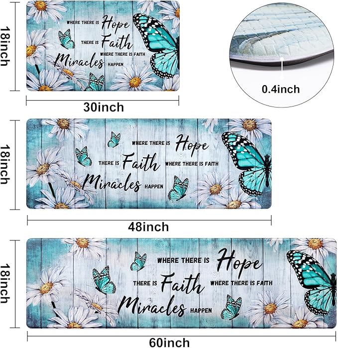 Likiyol Butterfly Floral Kitchen Mats for Farmhouse, Non Slip, Washable Anti Fatigue Mats - White Daisy Rugs, 18'' x 30'' + 18'' x 48'' + 18'' x 60''