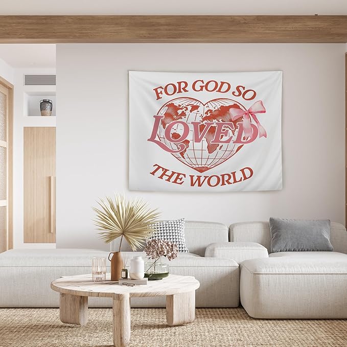 AQYIP Pink Christian Tapestry Wall Hanging, Coquette Pink Bow for God so Loved the World Christian Tapestry Decorative, Bible Verse Wall Blanket Decor for Girls Dorm Apartment Bedroom, 50x60 Inch