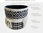 Boho Hand Woven Plant Basket Modern Woven Basket for 4-6.5" Flower Pot Floor Indoor Planters, Storage Organizer Rustic Home Decor, Black and White with Tassels 9” x 9"