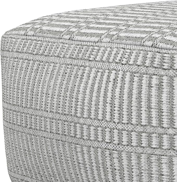 SIMPLIHOME Safford Square Pouf - 20 inch Wide Upholstered PET Polyester Ottoman in Grey and White, Boho Indoor/Outdoor Footstool or Extra Seating for Living Room or Bedroom, Assembled