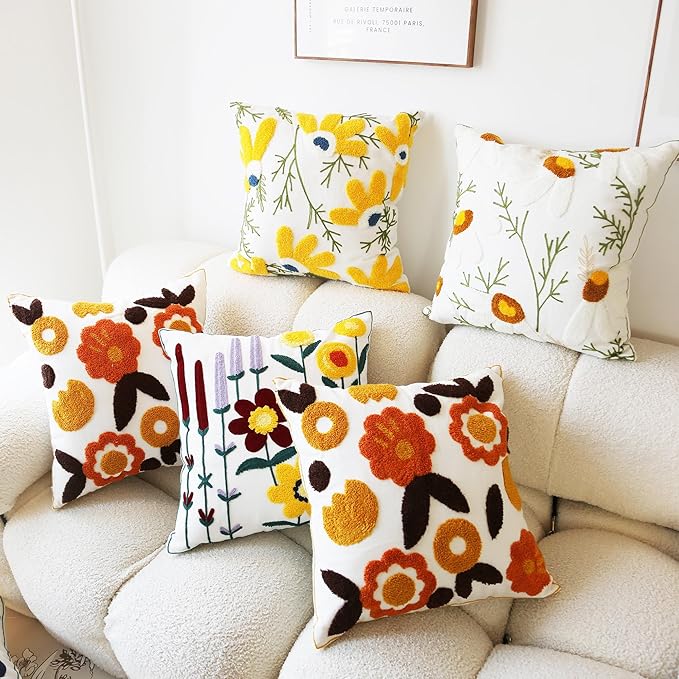 Embroidered Throw Pillow Cover Boho Floral Pillow Covers for Couch Sofa Orange Yellow Cotton Linen Bohemian Pillow Covers 3D Big Flowers 2PCS Botanical Pillowcase Covers 18x18 Inch