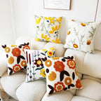 Embroidered Throw Pillow Cover Boho Floral Pillow Covers for Couch Sofa Orange Yellow Cotton Linen Bohemian Pillow Covers 3D Big Flowers 2PCS Botanical Pillowcase Covers 18x18 Inch