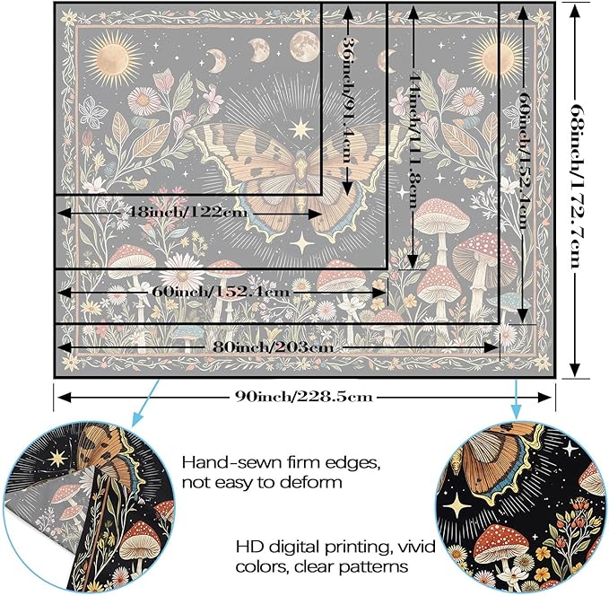 Accnicc Boho Butterfly Tapestry Mushroom Sun and Moon Hippie Wall Tapestry for Bedroom Aesthetic Vintage Floral Plant Small Tapestries Wall Hanging for Dorm Living Room Decor 60 x 44 Inch