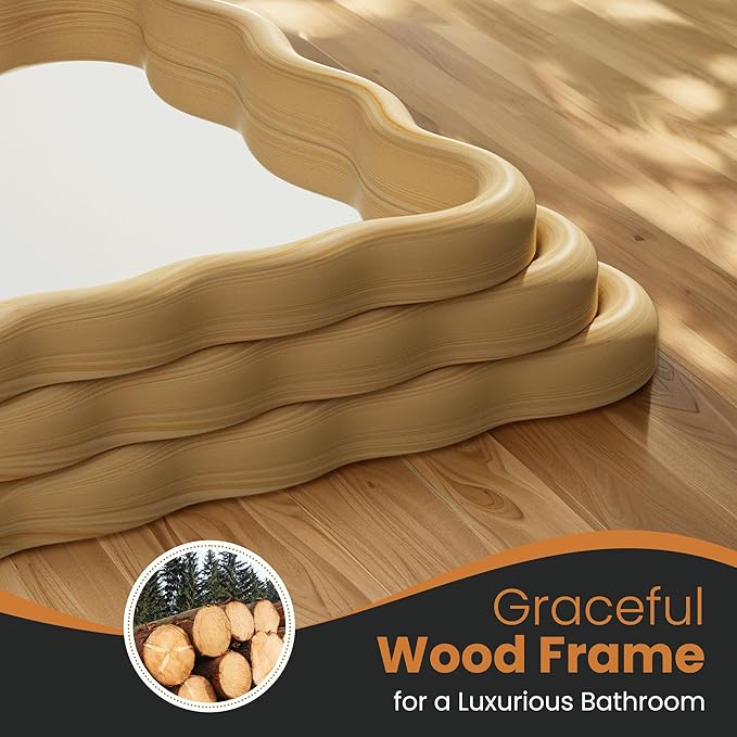 24x36 Wavy Wood Bathroom Vanity Mirror, Boho Wall Mirror with Natural Wood Frame for Over Sink, Entryway, Bedroom