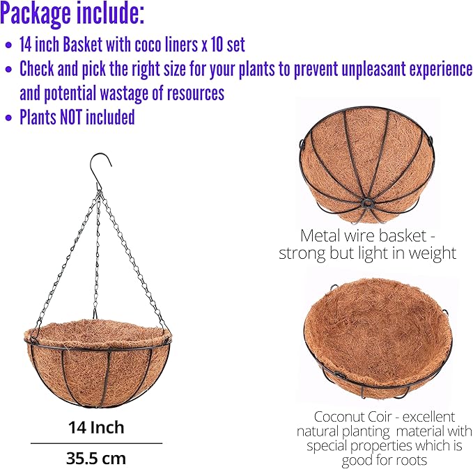 LaLaGreen Hanging Baskets for Outdoor Plants (10 Pack, 14 Inch) Large Hanging Planter with Coco Liner Round Flower Pots, Black Metal Wire Plant Holder Hook Deck Porch Garden Balcony Farmhouse Decor