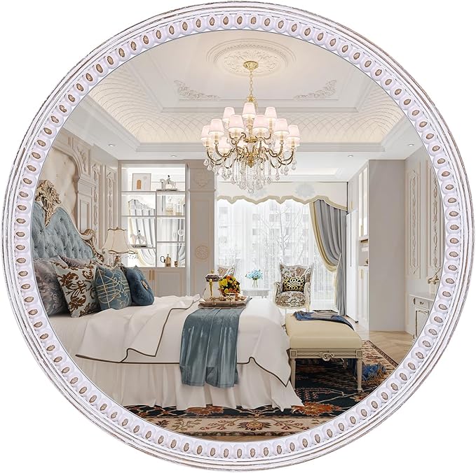 30 Inches Wooden Round Mirrors for Wall Decor, Rustic Farmhouse Circle Mirror for Bathroom Over Sink, Living Room, Entryway, Bedroom